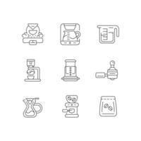 Coffee shop appliance linear icons set. Professional roaster for processing beans. Espresso making. Customizable thin line contour symbols. Isolated vector outline illustrations. Editable stroke