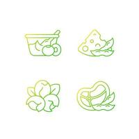 Soy ingredients gradient linear vector icons set. Organic vegetables in meal. Soybean cooking options. Thin line contour symbols bundle. Isolated vector outline illustrations collection