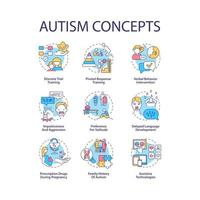 Autism spectrum disorder concept icons set. Developmental disabilities idea thin line color illustrations. Verbal behavior intervention. Vector isolated outline drawings. Editable stroke