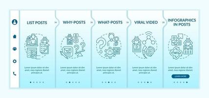 Top engaging posts types onboarding vector template. Responsive mobile website with icons. Web page walkthrough 5 step screens. Viral video, why and what posts color concept with linear illustrations