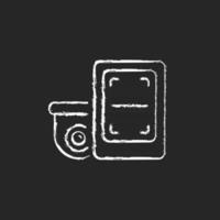 Remote monitoring with surveillance system chalk white icon on dark background. Providing instant video recordings to home. Wireless access to camera. Isolated vector chalkboard illustration on black