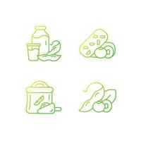 Soy meals gradient linear vector icons set. Organic soybean based flour. Healthy plant milk. Vegetable snacks. Thin line contour symbols bundle. Isolated vector outline illustrations collection