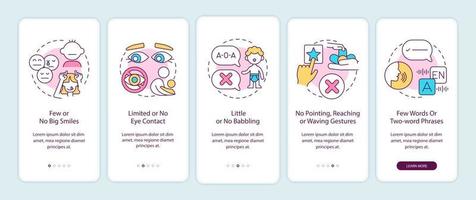 Autism signs in kids onboarding mobile app page screen. No big smiles, eye contact walkthrough 5 steps graphic instructions with concepts. UI, UX, GUI vector template with linear color illustrations