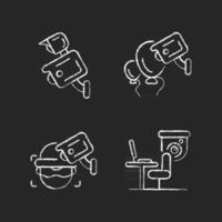Surveillance management chalk white icons set on dark background. Floodlight camera. Event security. Criminal detection. Workers productivity. Isolated vector chalkboard illustrations on black