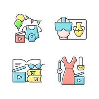 Types of video RGB color icons set. Baby shower party. VR headset. Book review. Fashion blog. Beauty vlog. Isolated vector illustrations. Videography simple filled line drawings collection