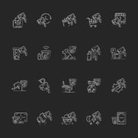 Surveillance and security systems chalk white icons set on dark background. CCTV camera installation. 24 7 protection. House intrusion prevention. Isolated vector chalkboard illustrations on black