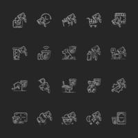 Surveillance and security systems chalk white icons set on dark background. CCTV camera installation. 24 7 protection. House intrusion prevention. Isolated vector chalkboard illustrations on black