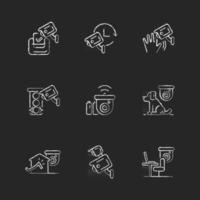 Surveillance camera usage chalk white icons set on dark background. Election observation. Pet control. Motion detection. Workers productivity. Isolated vector chalkboard illustrations on black