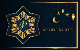 Ramadán Kareem en estilo de lujo con caligrafía árabe. mandala dorado de lujo sobre fondo azul oscuro para ramadán mubarak vector