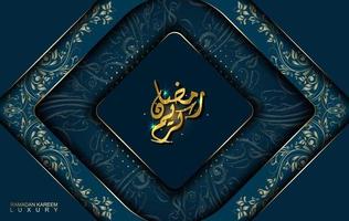 Ramadán Kareem en estilo de lujo con caligrafía árabe. mandala dorado de lujo sobre fondo azul oscuro para ramadán mubarak vector