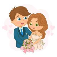 Cute bride and groom holding hands. Cute wedding couple vector