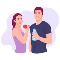 A good shape couple holding a bottle of water and dumbbells in a gym. vector