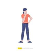 girl doubts and has a question gesture. young standing woman thinking with question and in think problem expression. Vector illustration