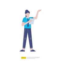 Pose de presentación de personaje de empresaria o joven trabajador con gesto de mano y documento de lista de verificación en estilo plano aislado ilustración vectorial vector