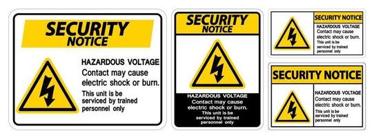 Aviso de seguridad El contacto de voltaje peligroso puede causar una descarga eléctrica o un signo de quemadura sobre fondo blanco.