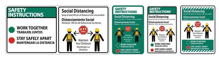 Instrucciones de seguridad señal de construcción de distanciamiento social bilingüe aislar sobre fondo blanco, ilustración vectorial eps.10 vector