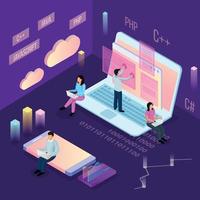 Ilustración de vector de composición isométrica de programación de computadora portátil