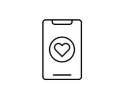 Editable black stroke weight line icon of a mobile phone dating app or application to find a love match online as a eps vector