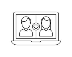 Editable black stroke weight line icon of a laptop or notebook dating app or application to find a love match online as a eps vector