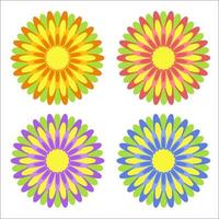 Conjunto de flores abstractas de color amarillo, rojo, púrpura, azul plano aislado con hojas verdes sobre un fondo blanco. diseño simple para la decoración vector