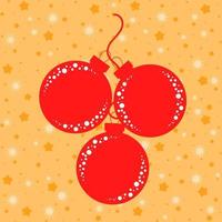 Set of flat isolated silhouettes of red Christmas tree decorations balls on orange background with stars vector