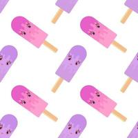 Seamless pattern of flat cartoon smiling purple and pink Popsicles on wooden sticks. Watered colored glaze. On a white background. vector