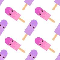 Seamless pattern of flat cartoon smiling purple and pink Popsicles on wooden sticks. Watered colored glaze. On a white background. vector