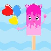 Flat colored isolated striped ice cream sprinkled with a pink glaze. On a wooden stick. With a bunch of bright water balloons in his hand. A simple drawing on a blue background. vector