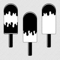 A set of flat black isolated silhouettes of ice-cream drizzled with glaze. On wooden sticks. On a transparent background. Drawing with a black outline vector