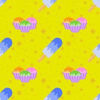 Colored seamless pattern delicious pastries, and blue Popsicle with the glaze. Simple flat illustration on yellow background with orange stars vector