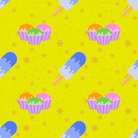 Colored seamless pattern delicious pastries, and blue Popsicle with the glaze. Simple flat illustration on yellow background with orange stars vector