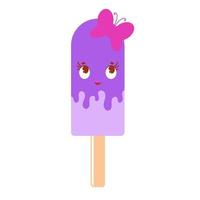 Purple cartoon Popsicle with the pink butterfly. Flat colored drawing on a white background. vector