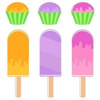 Set of flat colored insulated Popsicle drizzled with icing cakes and muffins in baskets. On a white background. vector