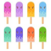 Set of flat colored isolated cartoon ice-cream, drizzled with glaze. On wooden sticks. Appetizing color. On a white background. vector