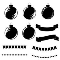 Conjunto de bolas de árbol de Navidad aisladas en blanco y negro planas, cintas de pancartas y guirnaldas en forma de banderas sobre un fondo blanco. vector