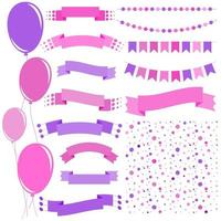 Set of flat pink and purple isolated balloons on ropes and garlands of flags. A set of ribbons of banners of different shapes. Background in the form of confetti. vector