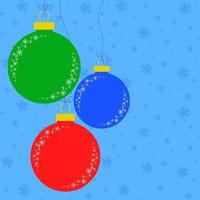 juguetes navideños planos en forma de bola de color verde, azul y rojo sobre un fondo coloreado. colgando de cuerdas delgadas con lazos. adecuado para la decoración de postales vector