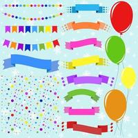 Set of flat colored isolated balloons on ropes and garlands of flags. A set of ribbons of banners of different shapes. Background in the form of confetti. vector