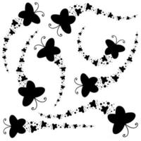 Set of black silhouettes. A flock of abstract cartoon butterflies flying one after another. vector