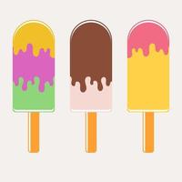 Set of flat colored insulated Popsicle drizzled with glaze. On wooden sticks. On a white background. vector