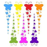 A flock of flat colored isolated butterflies flying one after another. Seven color options in the set. vector