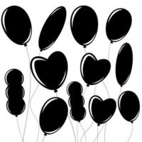 Set of flat isolated black silhouettes of balloons on ropes. Simple design on white background vector