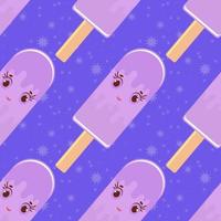 Seamless pattern of smiling cartoon purple Popsicles on wooden sticks. watered colored glaze. On a blue background. vector