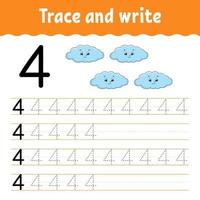 Learn Numbers. Trace and write. Handwriting practice. Learning numbers for kids. Education developing worksheet. Color activity page. Isolated vector illustration in cute cartoon style.