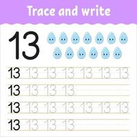 Learn Numbers. Trace and write. Handwriting practice. Learning numbers for kids. Education developing worksheet. Color activity page. Isolated vector illustration in cute cartoon style.