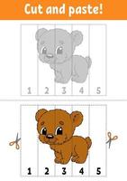 Learning numbers 1-5. Cut and glue. Cartoon character. Education developing worksheet. Game for kids. Activity page. Color isolated vector illustration.