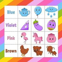 Learning colors. Flashcard for kids. Cute cartoon characters. Picture set for preschoolers. Education worksheet. Vector illustration.