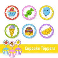 Cupcake Toppers. Set of six round pictures. Cartoon characters. Cute image. For birthday, party, baby shower. vector