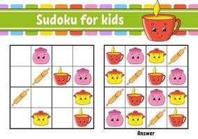 Dishware theme. Sudoku for kids. Education developing worksheet. Cartoon character. Color activity page. Puzzle game for children. Logical thinking training. Isolated vector illustration.