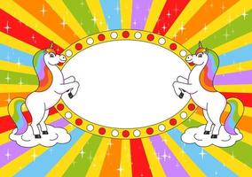 Two cute unicorns reared up. Cartoon style. Color bright illustration. With place for your text. For circus advertisements, advertising. vector